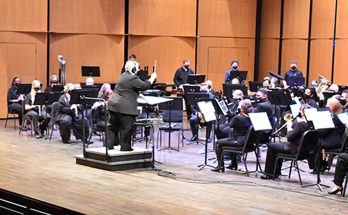 Band director Lisa Eckstein conducts The NOVA Alexandria Band at The Rachel M. Schlesinger Center Concert Hall and Arts Center, March 3rd, 2022. Photo by Britt Conley.