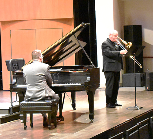 Trombonist Baryl Burnett and pianist, Wayne Gallops performed Sammy Nestico's Reflective Mood at The Rachel M. Schlesinger Center Concert Hall and Arts Center, March 3rd, 2022. Photo by Britt Conley. 