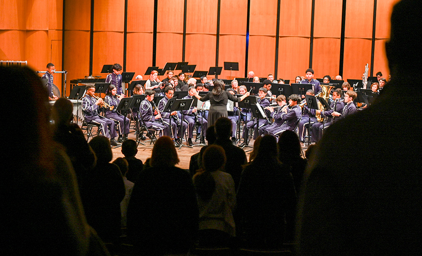 A photo of the Hammond Middle School 7th and 8th Grade Band performing at the Children's Concert at the Rachel M. Schlesinger Concert Hall on February 22, 2024. Photo by Britt Conley.