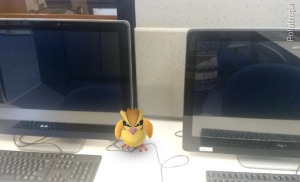 Pidgey, a birdlike Pokemon, sits in front of Digital Media Studio computers.