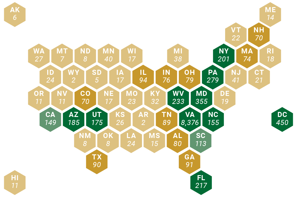 map with states plus D.C. and numbers of transfers to each