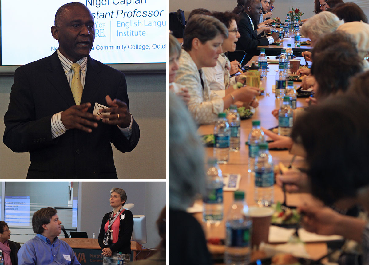 Clockwise from top left: Dr. Lorinzo Foxworth, Associate VP of NOVA's Workforce Development Division, thanks ACLI Faculty for their dedication to NOVA's ESL programs; A fantastic catered lunch and an enthusiastic crowd; Darlene Branges, ACLI-Annandale, introduces Nigel Caplan.