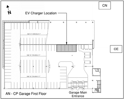 Caption: Map of the Annandale Campus parking garage first floor that identifies the location of the five electronic vehicle charging stations.