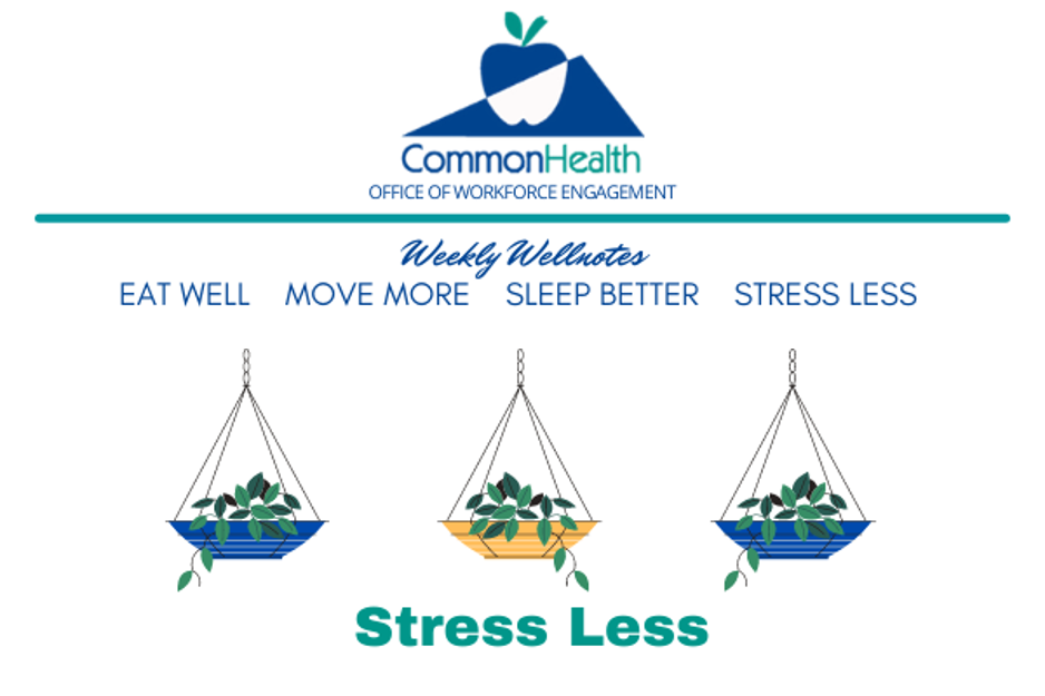 Graphic: CommonHealth Office of Workforce Engagement--Eat Well, Move More, Sleep Better, Stress Less. Illustration of three hanging plants