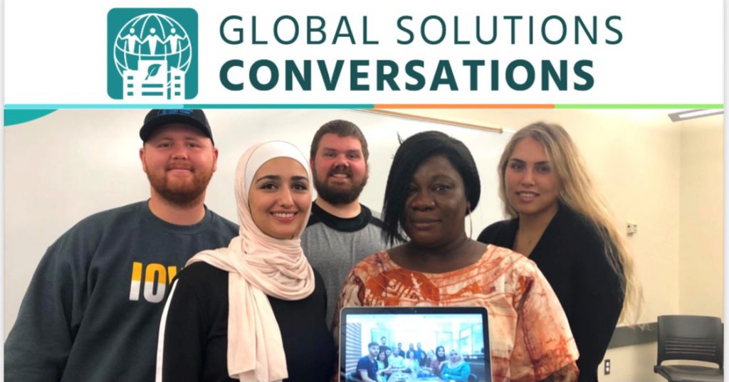 Global Solutions Conversations logo and a group of five international students.
