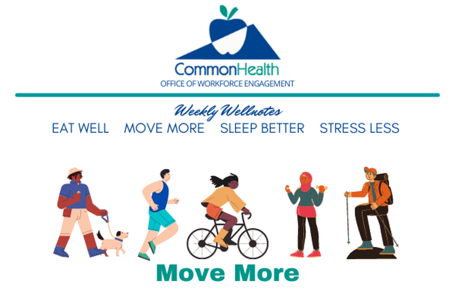 CommonHealth Weekly Wellnote Move More: Lineup: Man walking dog; man running; woman riding bike; woman doing calisthenics; woman cross-country skiing