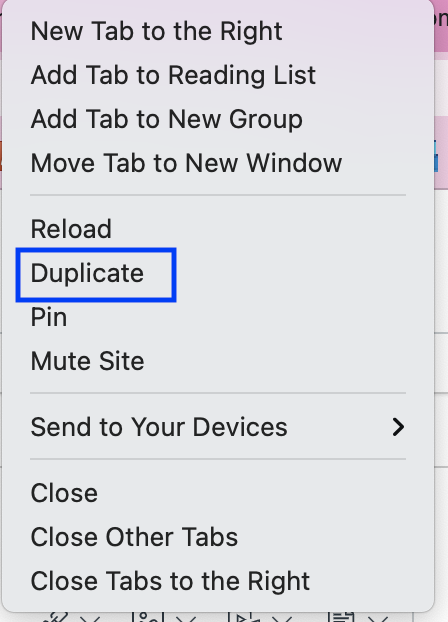 Duplicate option available when right clicking a Chrome browser tab