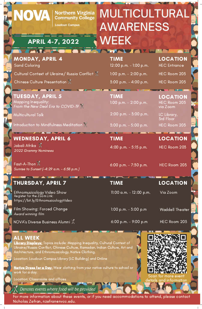 If you need assistance accessing the flyer/agenda or using the QR code, contact Nicholas Zefran, NZefran@nvcc.edu. 