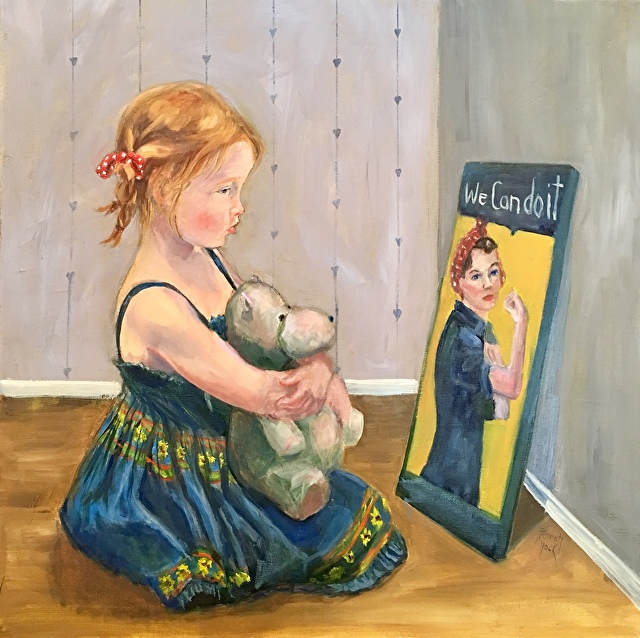 Watercolor of little girl and stuffed hippo staring at "We Can Do It" poster. Painting by Maria Bennett-Hock