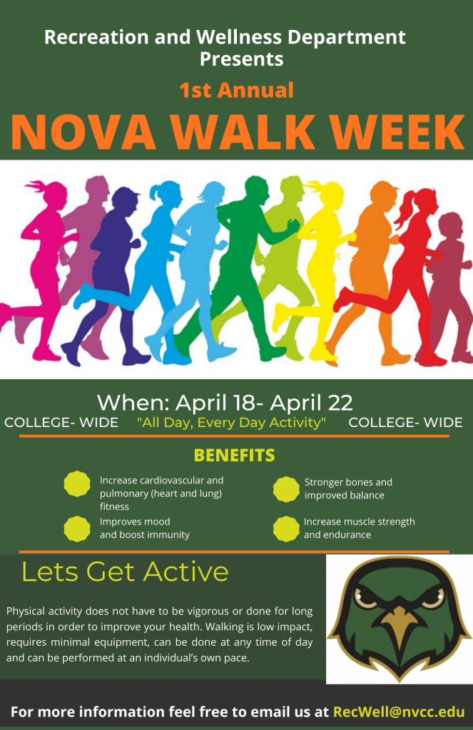 Rec and Wellness Flyer: 1st Annual NOVA Walk Week, April 18 thru April 22. Let's Get Active. Contact recwell@nvcc.edu for details.