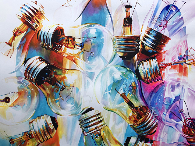 Colorful, irredescant light bulbs by Carrie Waller