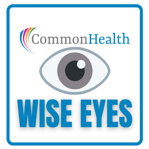 CommonHealth wordmark with Wise Eyes in blue and illustration of an eye in the center,