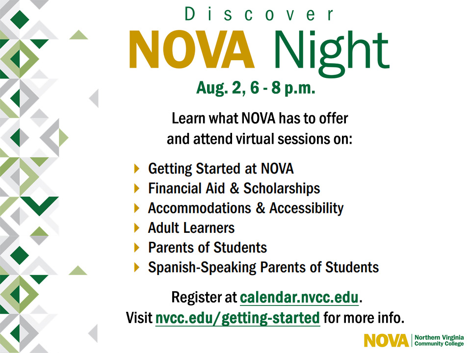Discover NOVA Night Flyer, August 2, 6 p.m. until 8 p.m. Register at calendar.nvcc.edu