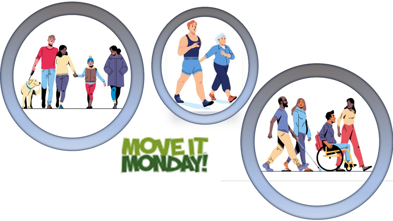Move It Monday Graphic. Three Circles with illustrations inside, left to right, family walking dog; mom and son power walking; group of people walking.