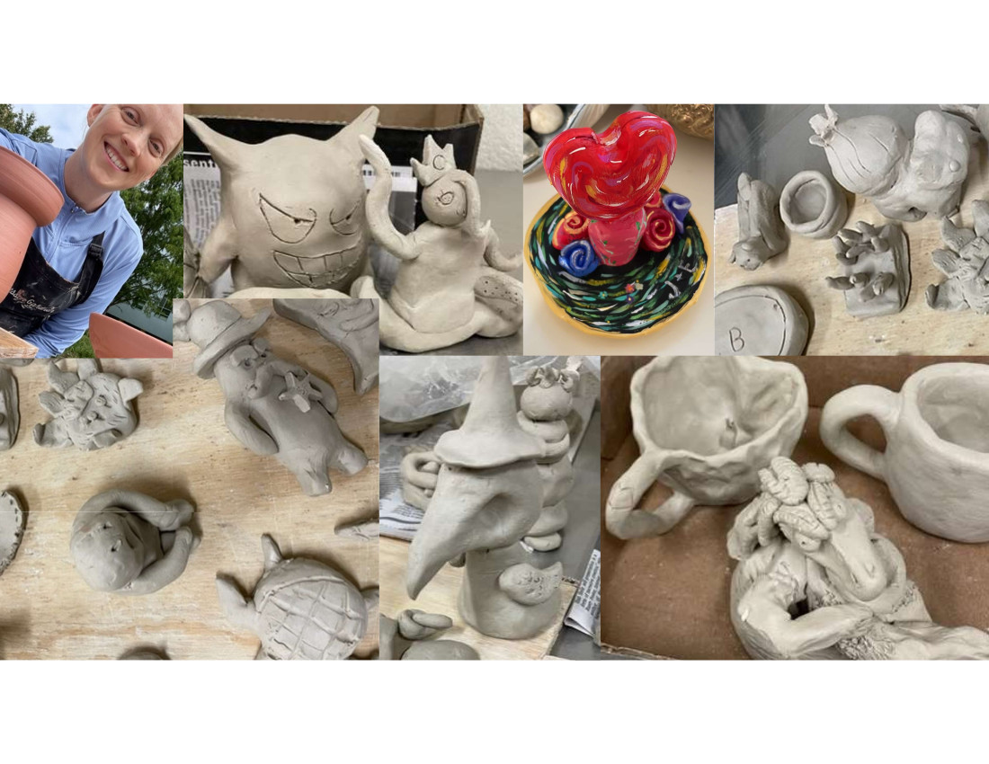 Photo collage of mostly unpainted clay creations made by Alexandria Campus employees and students at NOVA Day in fall 2022