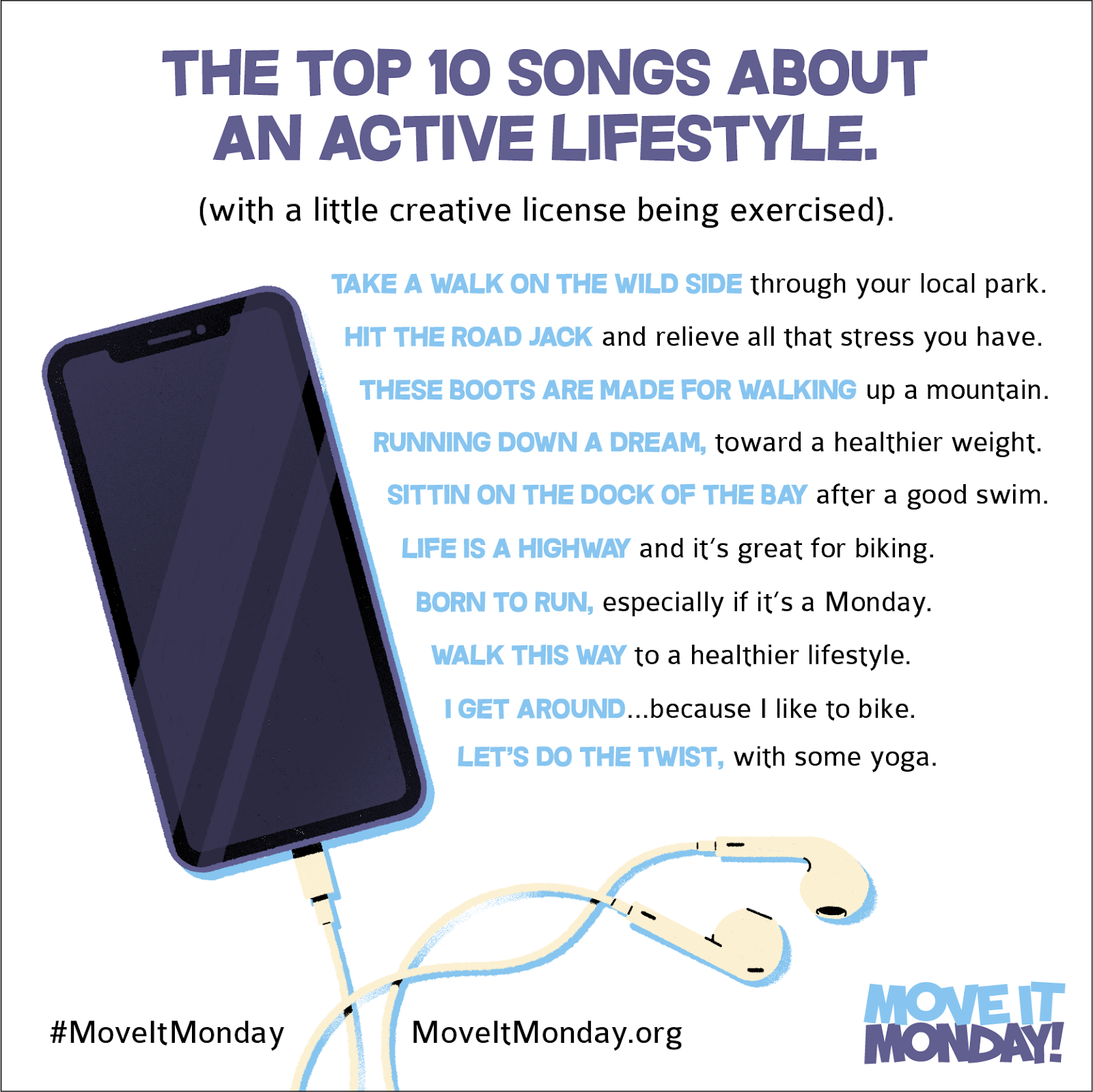 Image of Top 10 Songs About an Active Lifestyle (with a little creative license). Take a walk on the wild side thru your local park; Hit the Road Jack and relieve all the stress; These Boots are Made for Walking up a mountain; Running Down a Dream toward a healthier weight; Sittin ont he Dock of the Bay after a good swim; Life is a Highway and it's great for biking: Born to Run especially if it's a Monday; Walk this Way to a healthier lifestyle; I Get Around because I like to bike. Let's Do the Twist with some yoga. #moveitmonday, moveitmonday.org