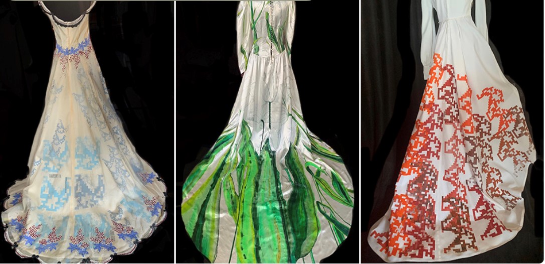 Photos of 3 wedding dresses as part of the exhibit