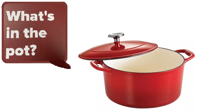 Graphic of a red crockpot and a conversation bubble, "What's in the pot?"