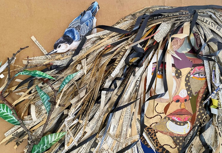 Modern piece using newspaper, fabric, leaves, twigs and other found pieces to create person's face from under dreadlocks and a blue nesting blue jay