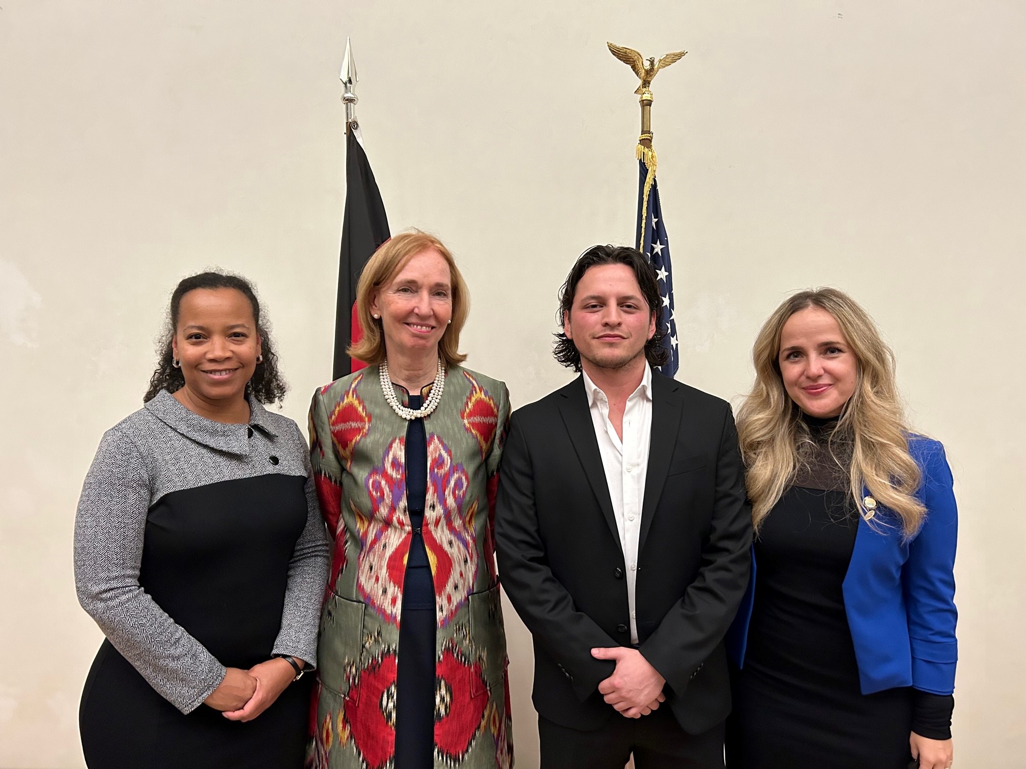 Dr. Barbara Hopkins; GE Amb. to the U.S. Emily Haber; Manuel Santiago, NOVA Gilman Scholarship Recipient who studied in Germany; Leeza Fernand, Assoc. Director, OIESP pose before German and U.S. flags