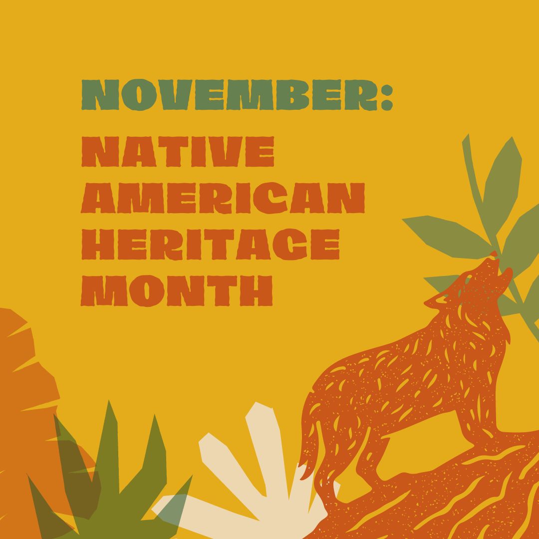 Gold background with an orange spotted wolf illustration and green and cream colored foliage