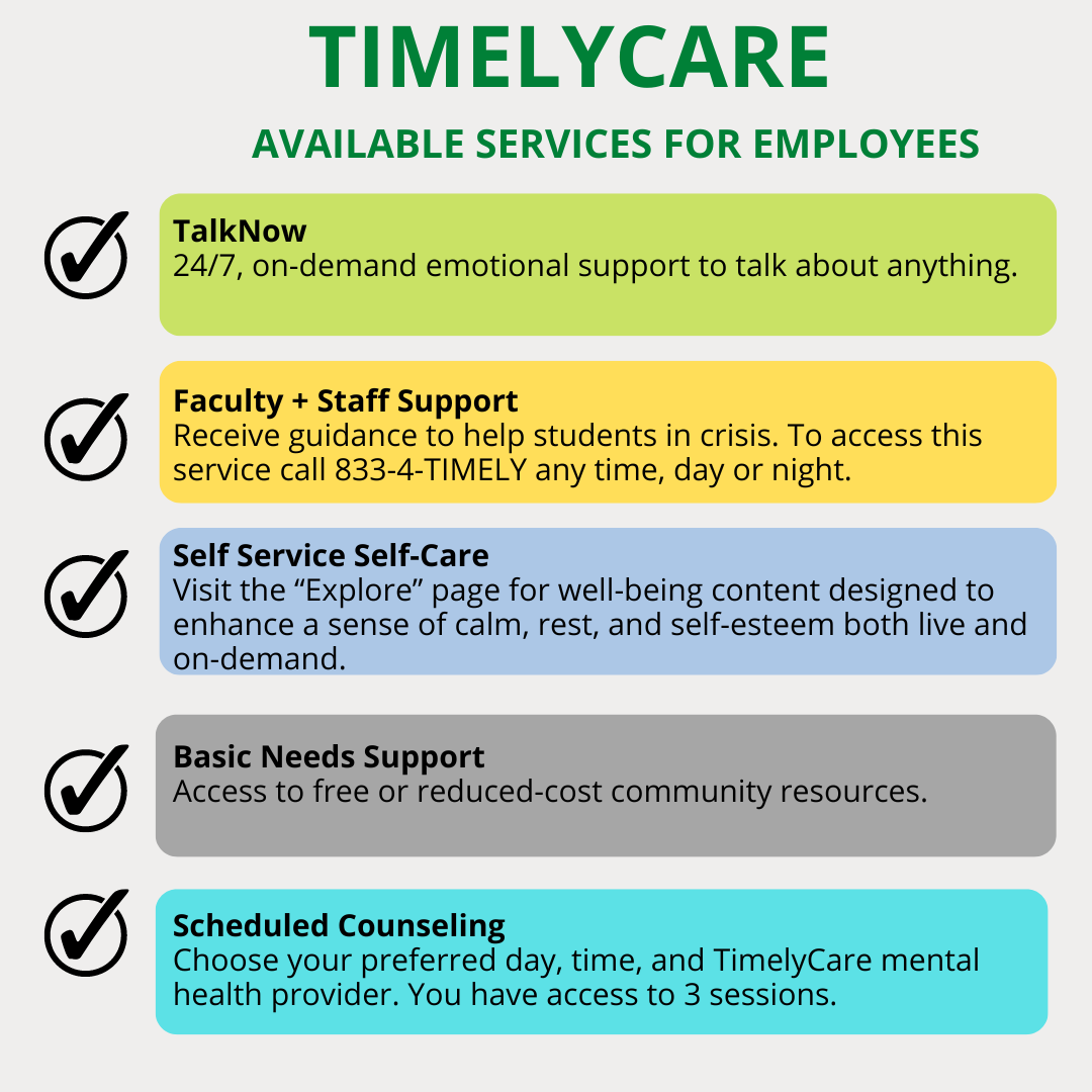 TimelyCare Emplolyee graphic: TimelyCare available services for employees. TalkNow: 24/7, on-demand emotional support to talk about anything. Faculty + Staff Support: Receive guidance to help students in crisis. To access this service, call 833-4-TIMELY any time, day or night; Self Service Self Care: Visit the "Explore" page for well-being content designed to enhance a sense of calm, rest and self-esteem, both live and on-demand. Basic Needs Support: Access to free or reduced cost community resources; Scheduled counseling: Choose your preferred day, time and timely care mental health provider. You have access to three sessions.
