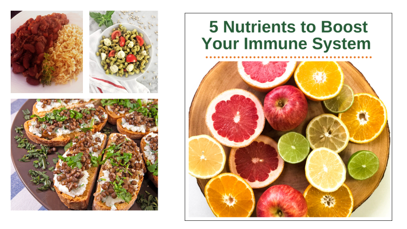 Photos of lovely meatless meals and snacks. "5 Nutrients to Boost Your Immune System"