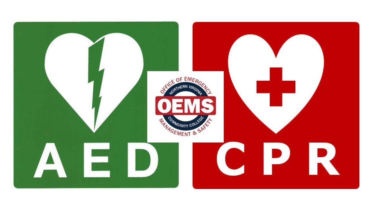 Graphic: AED with a broken heart icon and CPR with a heart with a plus sign icon. OEMS logo in center.