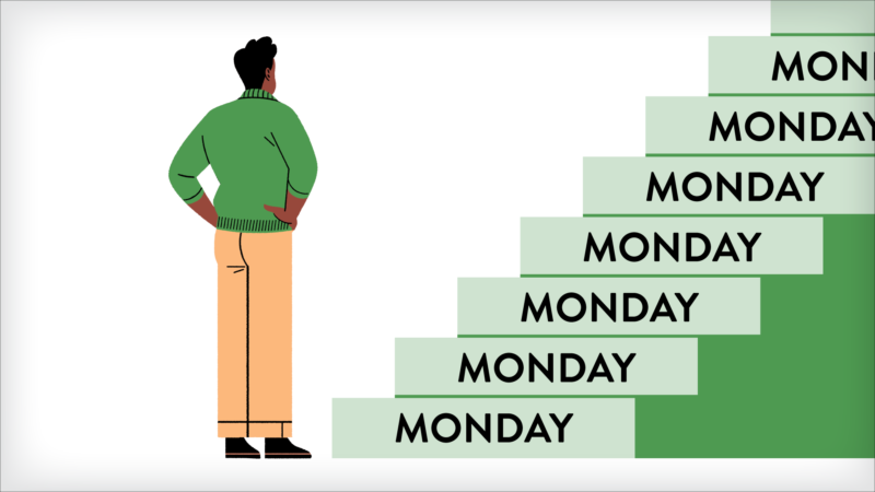 Illustration o man standing before a staircase with each step marked "Monday."