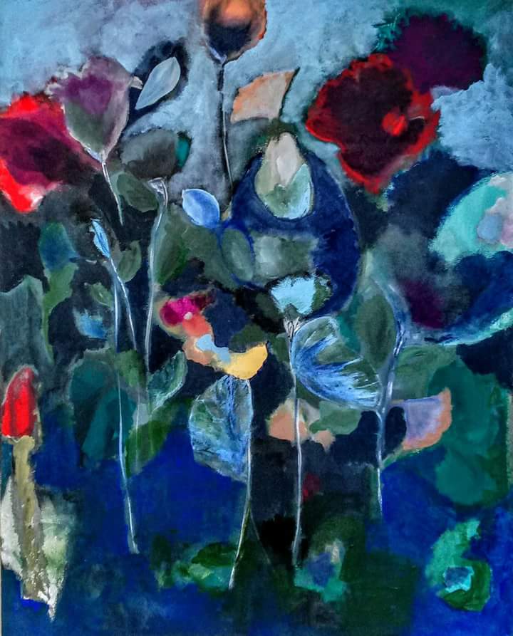 Beautiful floral painting by Andreia Gliga. Dark blues and greens with spots of red and yellow