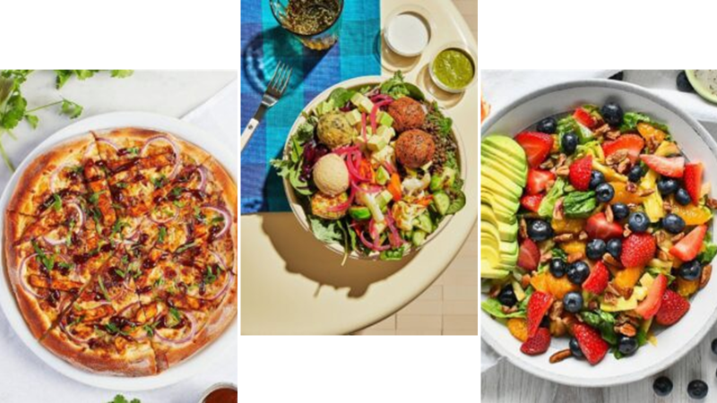 Yummy Meatless Monday selections: Veggie Pizza, Salad with hummus and fried tofu, colorful salad with strawberries, blueberries and avocado.