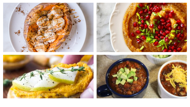 Grid with photos of four Meatless Monday food creations.