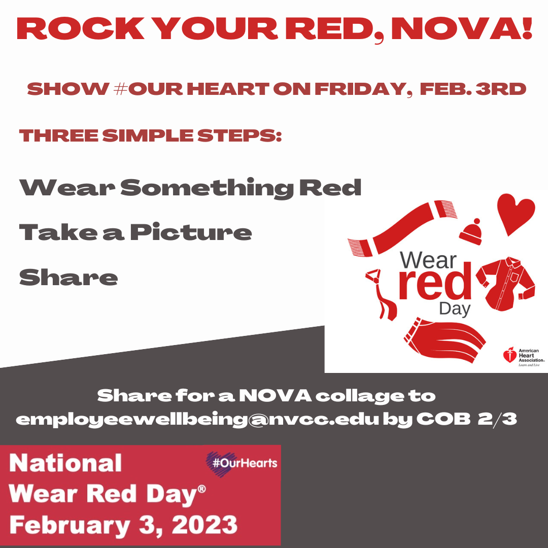 National Wear Red Day Poster:  Rock Your Red, NOVA. Show # our heart on friday, feb. 3. Three simple steps: 1. wear something red; 2. take a picture. 3. share. Share for a NOVA collage to employeewellbeing at nvcc dot edu by cob feb. 3. Inset: American Heart Association "Wear red day" logo with red scarf, tie, pants, shirt, hat heart.