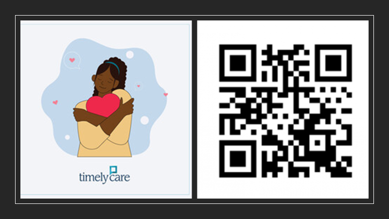 Timely Care split graphic. Left: Woman hugging a heart. Right side: QR Code