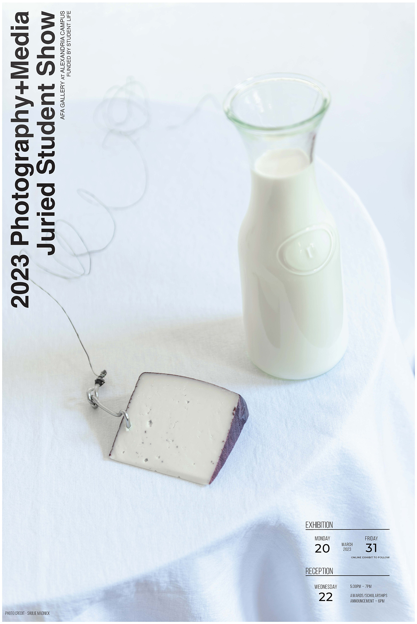 Flyer for the 2023 Photography+Media Juried Student Show, March 20 thru March 31, with an Artist Reception, March 22. Alexandria Campus, AFA Building.