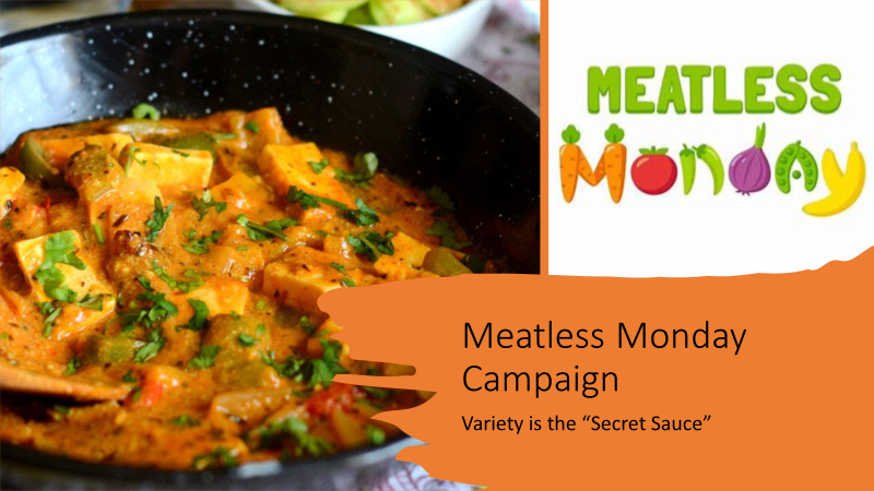 Meatless Monday flyer. Meatless Monday campaign. Variety is the "secret sauce." Wok with Curry potatoes.