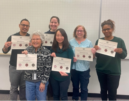 Six faculty/staff receive Tactical Emergency Casualty Care (TECC) certification: Left to right, Front Row: Lisa Fukui, LO-FAS; Tiffany Su, MA-Bio; Left to right: Back Row: John Garces, AN-Library; Katrina Koeppen, P3-Disability Services; Elizabeth Carr, LO-Bio; Victoria Hill-Megginson, MA-Administration