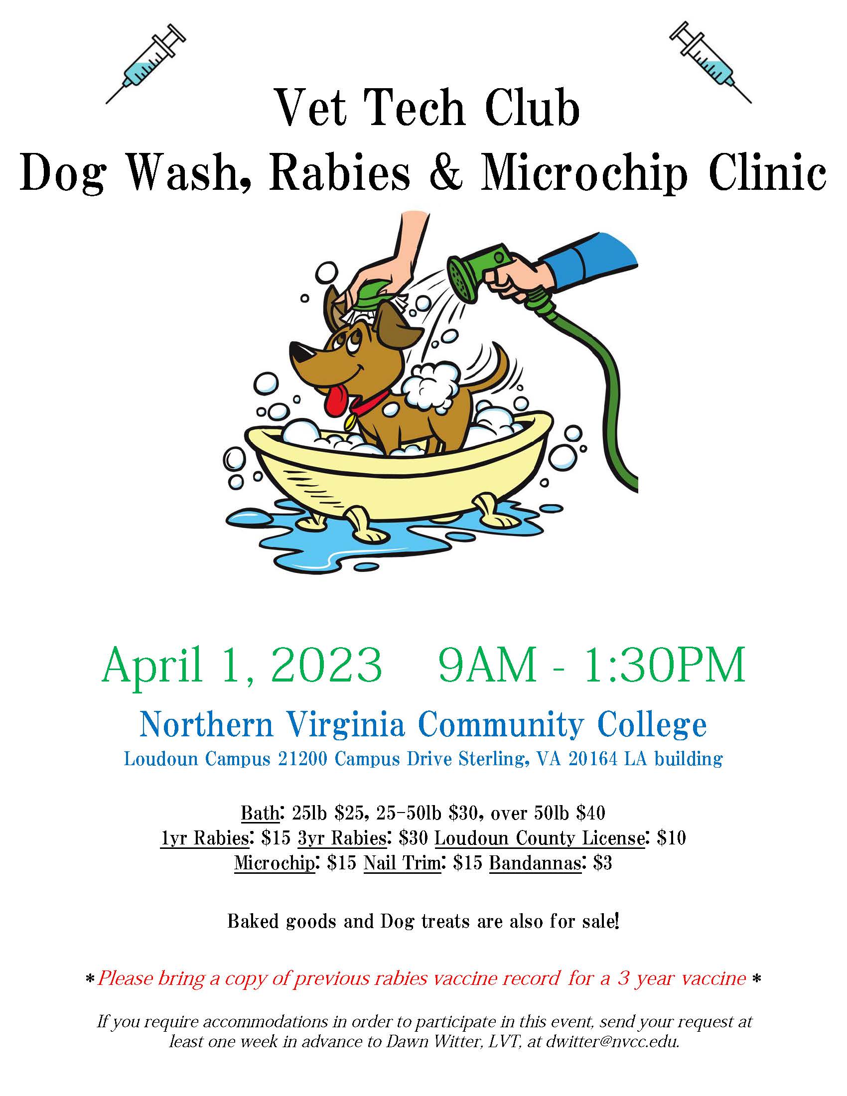 Flyer: Vet Tech Club Dog Wash, Rabies & Microchip Clinic. April 1, 2023, 9 a.m. until 1:30 p.m. NOVA Loudoun, 21200 Campus Drive, Sterling, va 20161, LA Building. Contact Lisa Scott for pricing, LScott@nvcc.edu