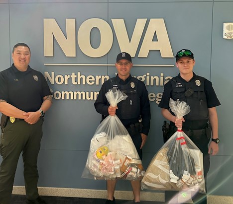 Left to right: NOVA Police Sgt Tony Ong, Officer Jantsen March and Officer Anthony Crawn hold more bags of discarded medications