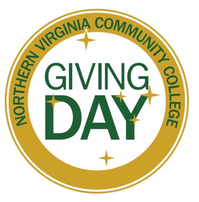 NOVA's Annual Giving Day logo: Circle with Gold border with Northern Virginia Community College in green. Giving Day in center, with six bright stars for each of NOVA's Campuses