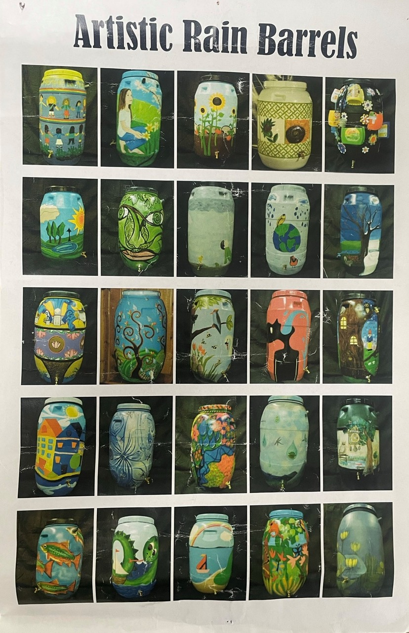 Artistic Rain Barrels. 25 squares with rainbarrels decorated differently.