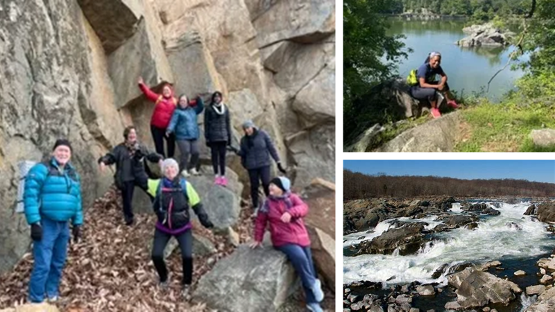 Photo collage with1.  eight hikers at Old Rag Mountain; 2. A woman setting up camp by a lake; 3. the rapids at Great Falls.