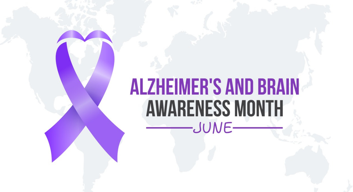 Alzheimer's Awareness Month Graphic:  Purple awareness ribbon in shape of a heart with text: Alzheimer's and Brain Awareness Month--June overlaid image of a light greyscale world map.