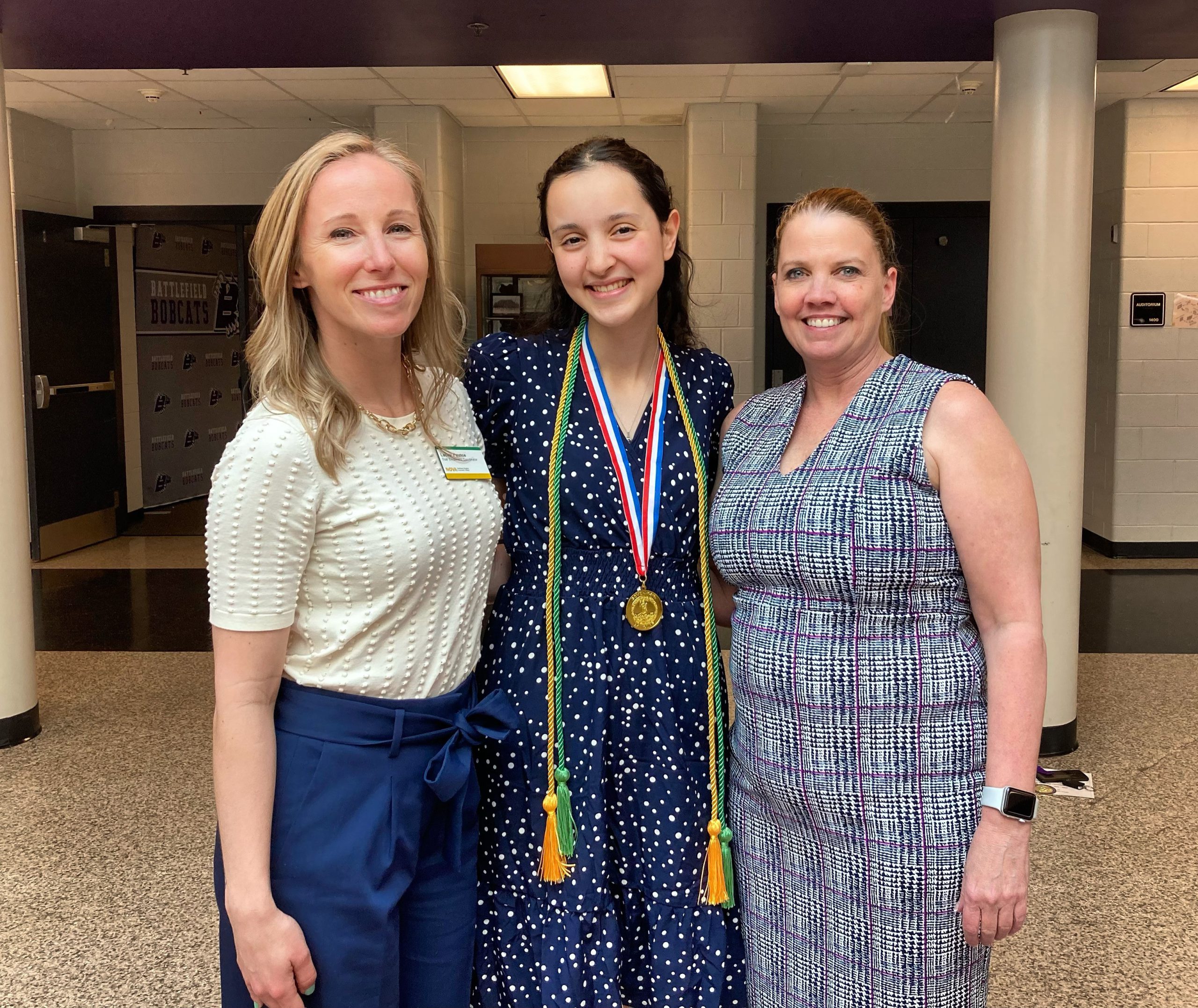 CASIIT Awards Ceremony: Left to Right-Lacey Faunce, dual enrollment coordinator for Pr. William County Schools; Ebru Ayyorgun, BHS Senior who earned A.S. information technology and CSF-database specialist along with her high school diploma and on her way to Yale in fall 2023; Stephanie Evers, BHS CASIIT department chair and IT dual enrollment instructor.