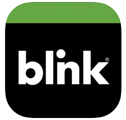 Blink logo: Black box with a green stripe at top and "Blink" in white lettering.