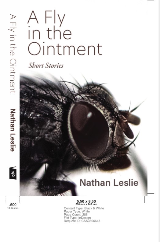 Book Jacket for Nathan Leslie's new book of short stories, A Fly in the Ointment. Illustration of a big, hairy fly on cover