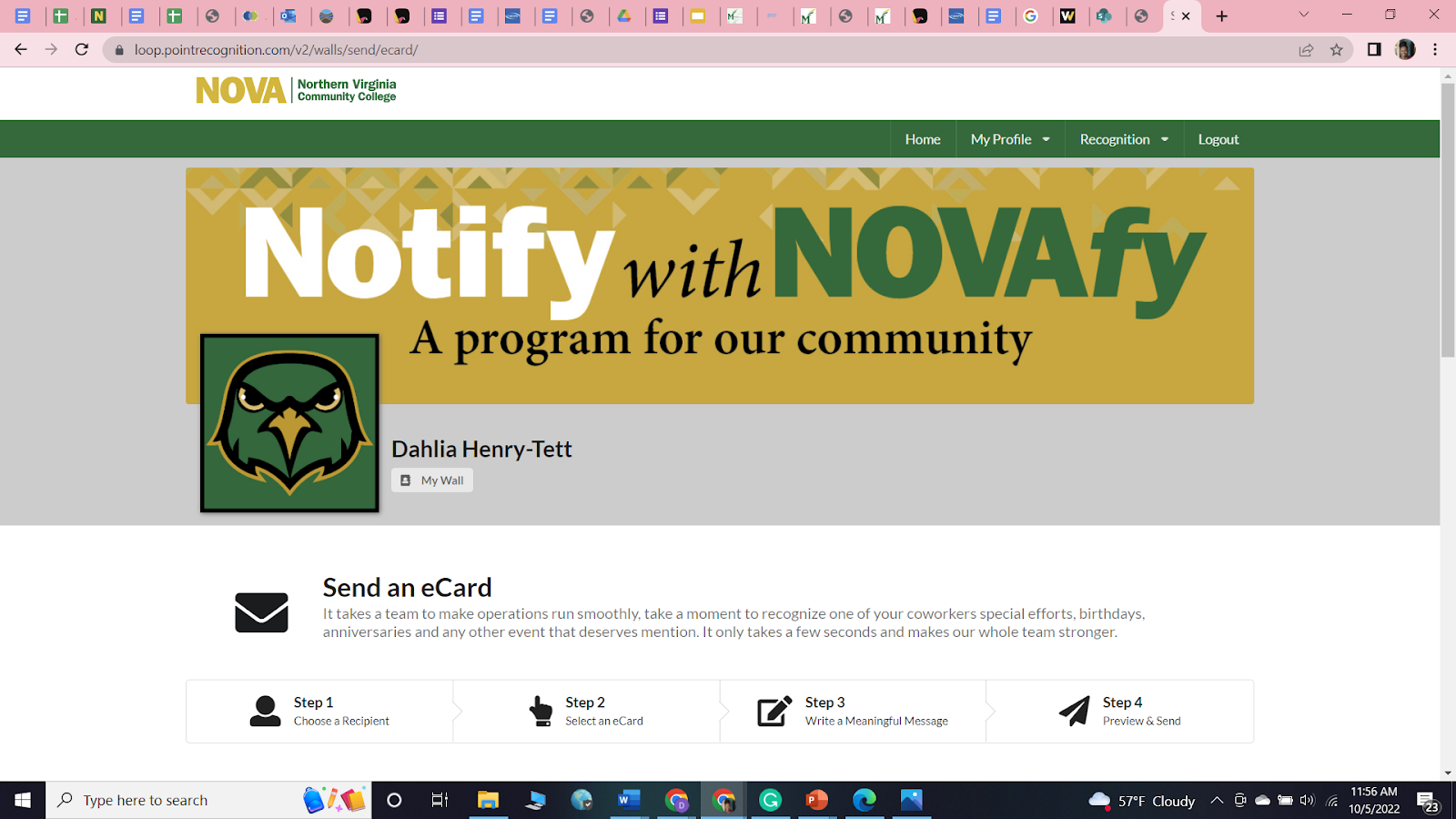 Screenshot of Masthead:  "Notify with NOVAfy. A program for our community. Nighthawk bird head logo. Dahlia Henry-Tett. Below masthead: Send an eCard. It takes a team to make operations run smoothly. take a moment to recognize one of your coworkers special efforts, birthdays, anniversaries and any other event that deserves mention. It only takes a few seconds and makes our whole team stronger.