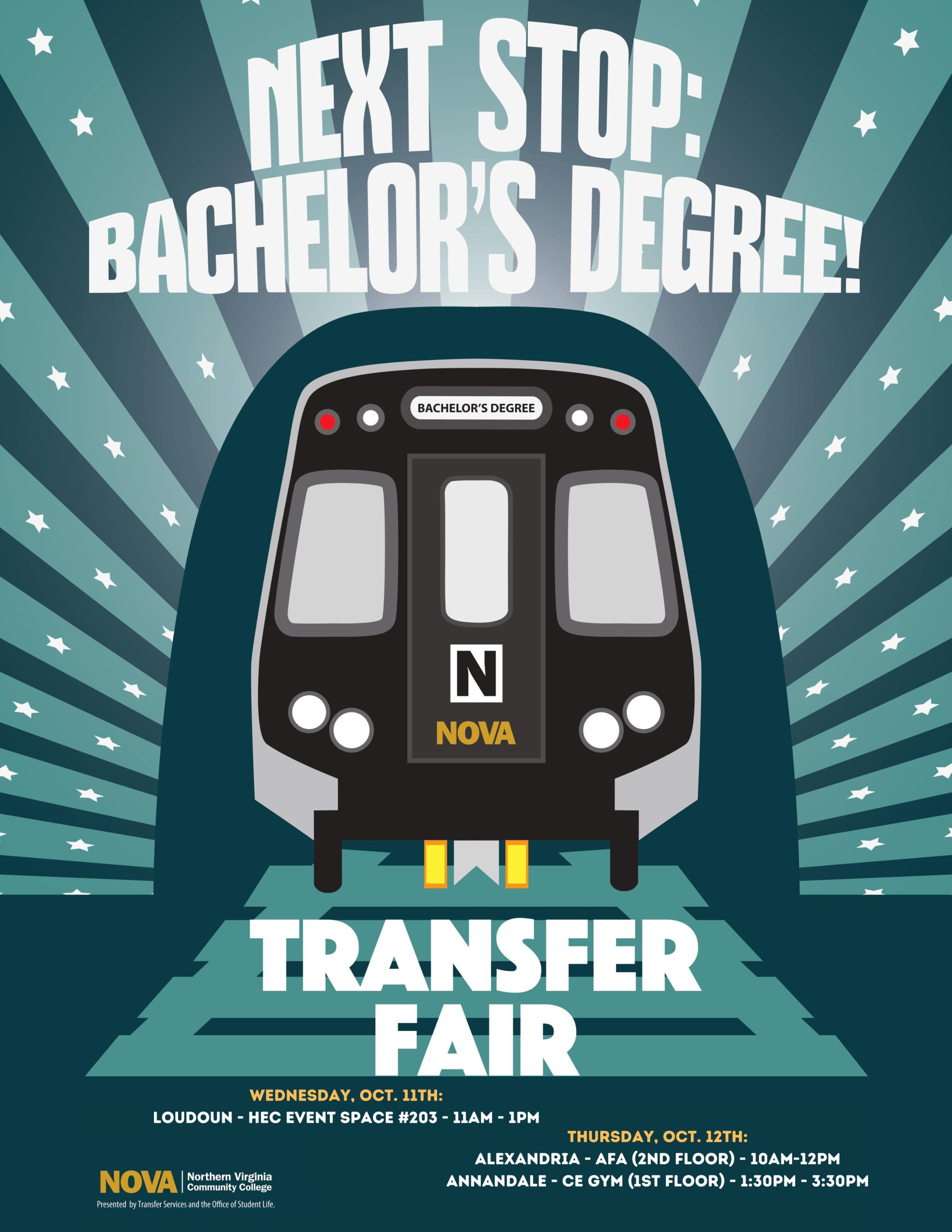 Illustration of Metro Car on it's way to "Bachelor's Degree." White text:  Next Stop Bachelor's Degree! Transfer Fair, Dates, times and locations as noted in the story, NOVA Logo