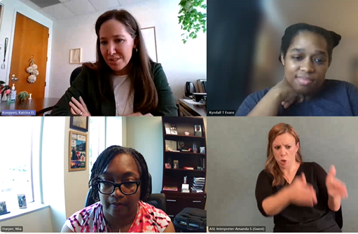 Zoom Screen Shot: four participants, Clockwise from top left: Dr. Katie Koeppen, Kyndall Evans, Amanda (interpreter), Dr. Mia Harper