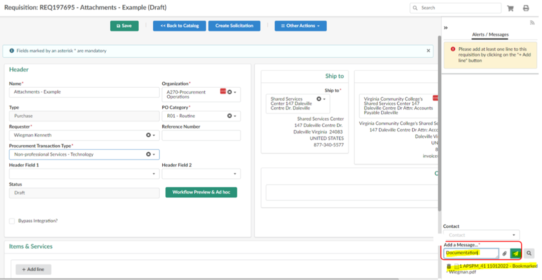 Screenshot, "Requisition: REQ197695 - Attachments - Example (Draft). If you need assistance accessing the information in this image, please contact Emily Southers, ESouthers at nvcc dot edu